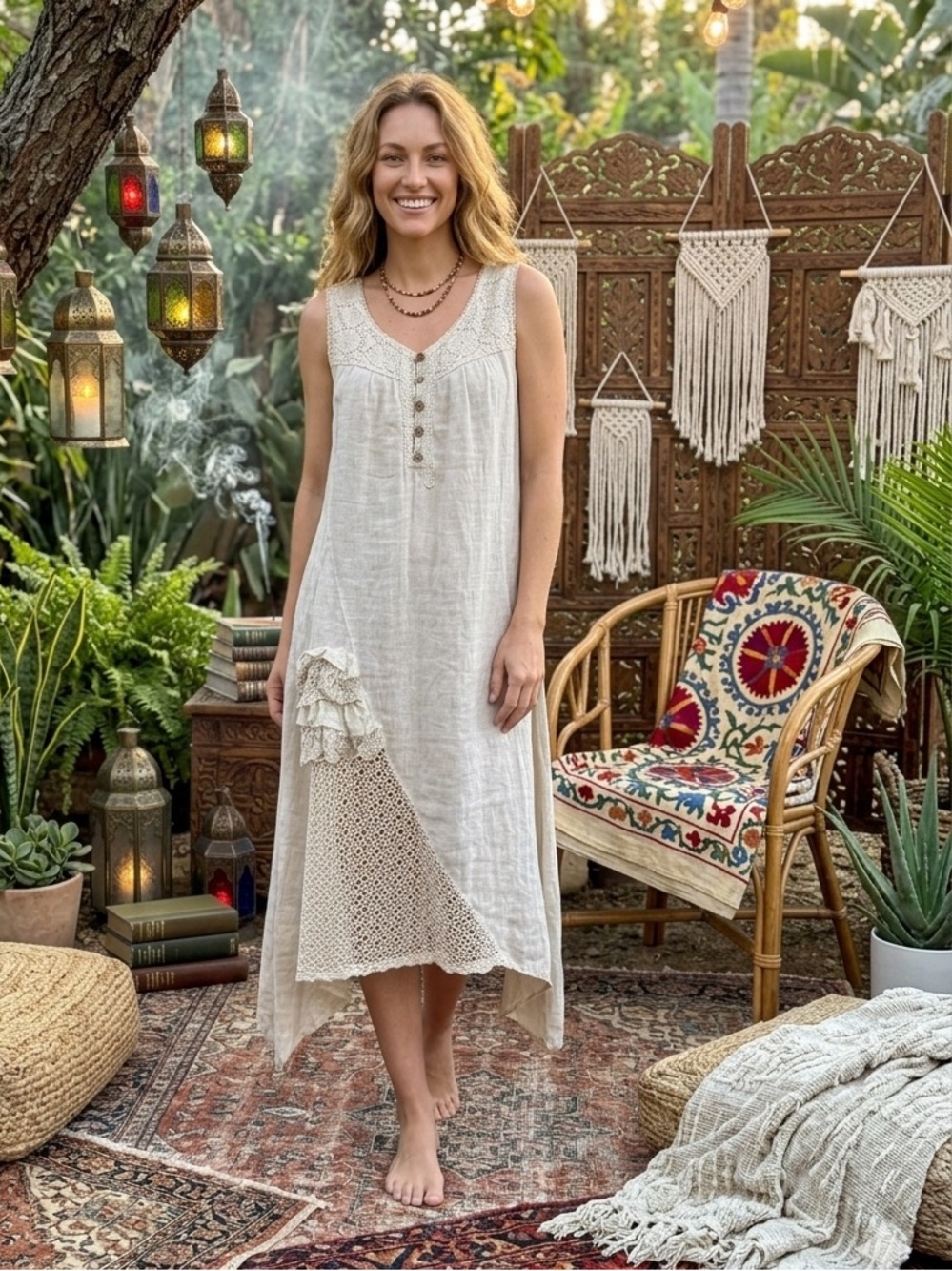 100% Linen & Lace crochet Lagenlook asymmetrical Bohemian shift dress
